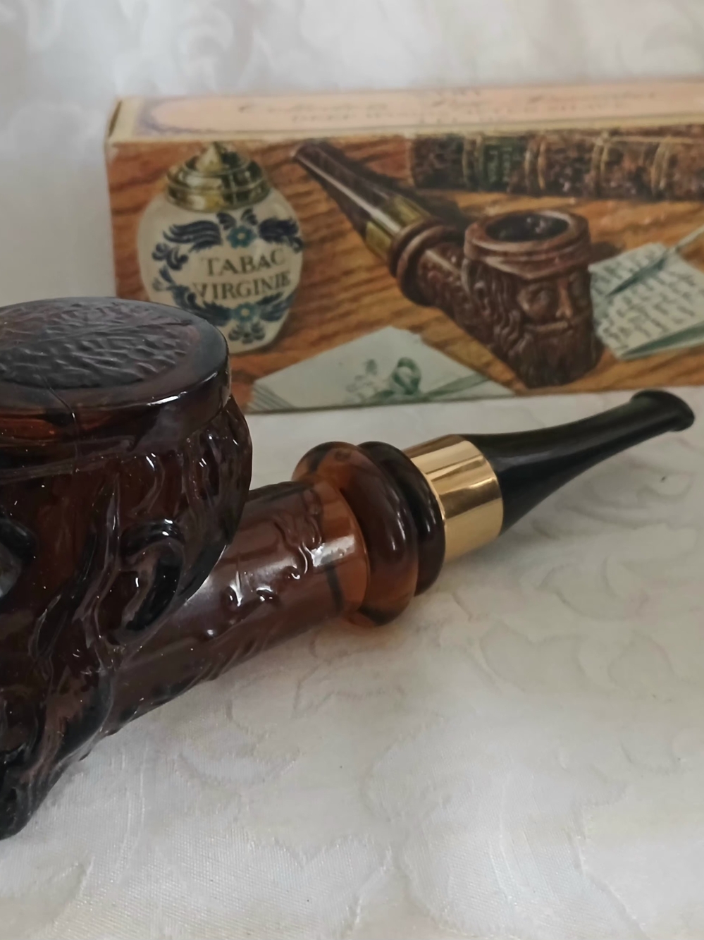 Avon Deep Woods Amber Glass Smoking Pipe with Gold Holder